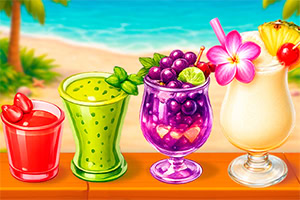 Patru cocktailuri tropicale colorate cu fructe, gheață și decorațiuni florale pe fundal de plajă