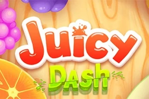 Text colorat „Juicy Dash” pe un fundal de lemn, cu imagini de fructe în jur