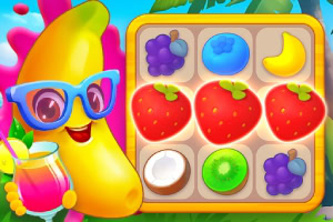 Banană animată cu ochelari și un cocktail lângă un puzzle cu fructe colorate precum căpșuni, cocos și kiwi