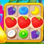 Banană animată cu ochelari și un cocktail lângă un puzzle cu fructe colorate precum căpșuni, cocos și kiwi