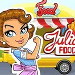 Personaj feminin desenat lângă un camion alimentar colorat, cu un semn ce include textul „Julias Food Truck” și imagini cu cartofi prăjiți și burgeri