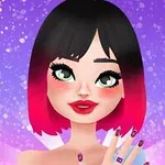 Fată cu păr negru și vârfuri roz, machiaj strălucitor și unghii colorate, pe fundal violet cu lumini orbitoare