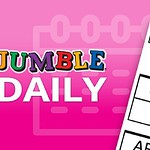 Text colorat Jumble Daily pe un fundal roz cu un fragment de cuvinte amestecate într-un colț