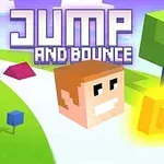 Un personaj cu cap pătrat râzând, cu monede și copaci stilizați pe un fundal colorat, alături de textul Jump and Bounce