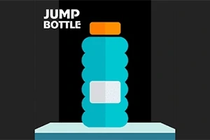 Sticlă albastră cu capac portocaliu plasată pe o suprafață albă, cu textul Jump Bottle în colțul stânga sus