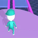 Personaj animat stilizat, purtând un costum verde și o șapcă, mergând pe un traseu cu platforme albastre și roz