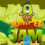 Creatură verde cu un ochi și o frunză pe cap deasupra textului colorat Jumper Jam 2 pe un fundal verde deschis