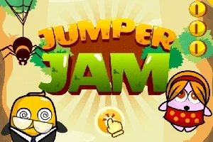 Logo colorat cu textul Jumper Jam, un păianjen în stânga și două personaje animate, unul galben cu ochelari și unul roz cu o fustă roșie
