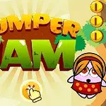 Logo colorat cu textul Jumper Jam, un păianjen în stânga și două personaje animate, unul galben cu ochelari și unul roz cu o fustă roșie