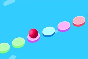 O bilă roșie se mișcă pe o serie de plăcuțe colorate pe un fundal albastru