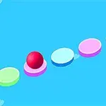 O bilă roșie se mișcă pe o serie de plăcuțe colorate pe un fundal albastru