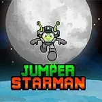 Un astronaut pixelat zboară prin spațiu, având Luna mare pe fundal, cu textul Jumper Starman în partea de jos