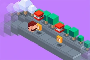 Personaj stilizat mergând pe un drum pixelat cu copaci și cutii în formă de case mici pe fundal violet