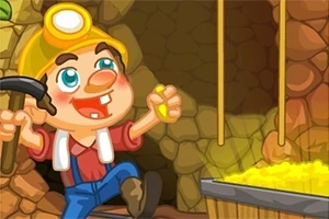 Miner vesel cu cască galbenă și lampă, ținând un ciocan și o pepită de aur lângă un vagon plin cu aur într-o mină de piatră