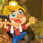 Miner vesel cu cască galbenă și lampă, ținând un ciocan și o pepită de aur lângă un vagon plin cu aur într-o mină de piatră