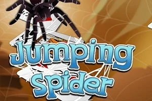Un păianjen negru deasupra unui teanc de cărți de joc, cu textul Jumping Spider în față