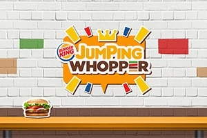 Design colorat cu logo-ul Burger King Jumping Whopper pe un fundal de cărămidă, cu un burger ilustrat pe o masă