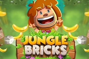 Personaj animat cu păr roșcat și zâmbet larg, înconjurat de banane și vegetație, cu titlul Jungle Bricks scris în față