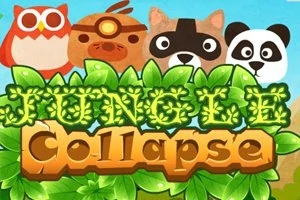 Textul Jungle Collapse scris pe frunze verzi, însoțit de ilustrații cu capete de animale, inclusiv o bufniță, un porc, un raton și un panda