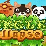 Textul Jungle Collapse scris pe frunze verzi, însoțit de ilustrații cu capete de animale, inclusiv o bufniță, un porc, un raton și un panda