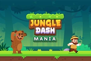 Un personaj animat fuge pe un drum din junglă, urmărit de un urs, cu titlul Jungle Dash Mania deasupra