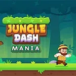 Un personaj animat fuge pe un drum din junglă, urmărit de un urs, cu titlul Jungle Dash Mania deasupra