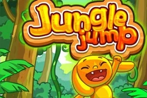 Text colorat cu cuvintele Jungle jump deasupra unui personaj galben zâmbitor într-o pădure tropicală