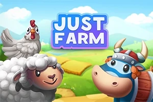 O oaie zâmbitoare, o vacă cu coarne și un cocoș stau într-un peisaj rural sub un cer albastru cu nori pufoși, având textul Just Farm deasupra