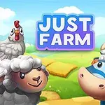 O oaie zâmbitoare, o vacă cu coarne și un cocoș stau într-un peisaj rural sub un cer albastru cu nori pufoși, având textul Just Farm deasupra
