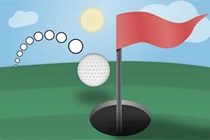 Minge de golf sărind spre o gaură cu un steguleț roșu pe un teren verde, sub un cer albastru cu soare și nori
