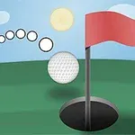 Minge de golf sărind spre o gaură cu un steguleț roșu pe un teren verde, sub un cer albastru cu soare și nori