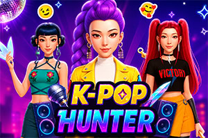 Trei personaje feminine în stil K-pop pe fundal neon, cu boxe, lumini disco și textul „K-POP HUNTER