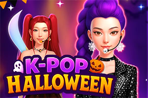 Două personaje feminine stilizate în ținute K-pop de Halloween, pe fundal mov, cu dovleac, fantomă și textul „K-POP HALLOWEEN