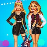 Două personaje animate, îmbrăcate modern, cu chitare electrice, pe un fundal albastru cu cercuri colorate