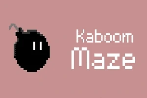 O bombă pixelată neagră cu fitil în partea stângă, alături de textul „Kaboom Maze” pe fundal roz