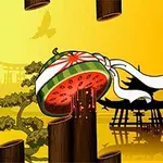 Felie de pepene roșu cu bandană albă, tăiată, cu un fundal japonez stilizat, incluzând un apus portocaliu și siluete de copaci și structuri tradiționale