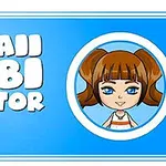 Desen animat de tip chibi cu păr castaniu și cozi, încadrat într-un cerc alb pe un fundal albastru cu text alb