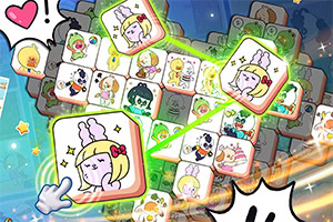 Blocuri de puzzle colorate cu ilustrații de personaje animate și o mână care selectează un bloc specific, înconjurat de efecte grafice vibrante și stele