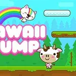 Text roz KAWAII JUMP cu un curcubeu, o pisică zâmbitoare, un nor zâmbitor și o vacă drăguță într-un decor colorat și plin de viață