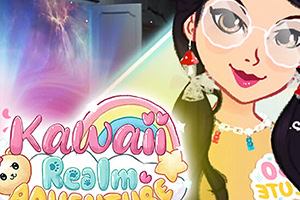 Text viu și colorat cu scris Kawaii Realm Adventure și o tânără zâmbitoare cu ochelari și cercei