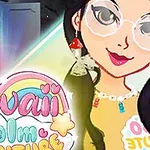 Text viu și colorat cu scris Kawaii Realm Adventure și o tânără zâmbitoare cu ochelari și cercei