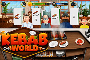 Bucătari într-o bucătărie de kebab, cu grătar încins, farfurii cu mâncare și sigla „Kebab World în prim-plan
