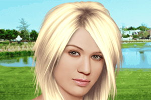Portret al unei femei cu păr blond și ochi căprui, având un peisaj verde și un lac în fundal