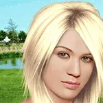Portret al unei femei cu păr blond și ochi căprui, având un peisaj verde și un lac în fundal