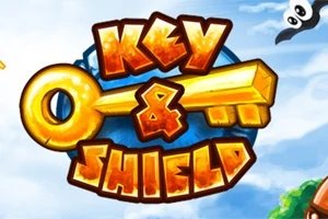Un design colorat cu un text arătos „Key & Shield” și imaginea unei chei mari aurii pe un fundal albastru cu nori
