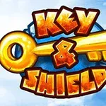 Un design colorat cu un text arătos „Key & Shield” și imaginea unei chei mari aurii pe un fundal albastru cu nori