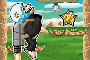 Gorilă cu jetpack și cască zburând printr-un peisaj cu platforme și un obiect în formă de stea în fundal