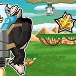 Gorilă cu jetpack și cască zburând printr-un peisaj cu platforme și un obiect în formă de stea în fundal
