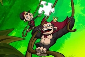 Două maimuțe animate cu coroane se leagănă pe liane, iar una ține o piesă de puzzle pe un fundal verde vibrant