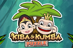 Două personaje animate de maimuțe, cu o coroană și un accesoriu pe cap, sunt desenate sub un palmier, alături de textul „Kiba & Kumba Puzzle